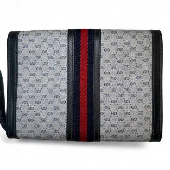 GUCCI Shelly Line Grey and Navy Blue Monogram Canvas Clutch w Stripes, Unisex - Picture 3 of 16